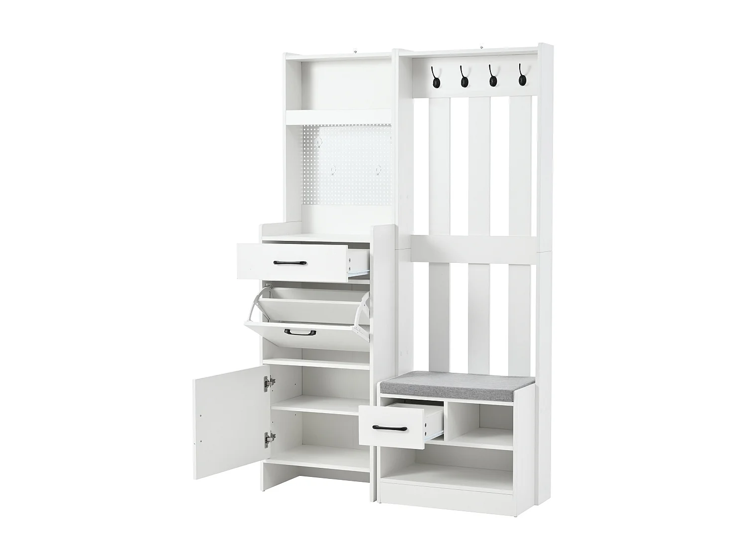 Vestiaire blanc avec 2 tiroirs, 2 portes, banc et crochets, panneau perforé 110x35x175,5cm