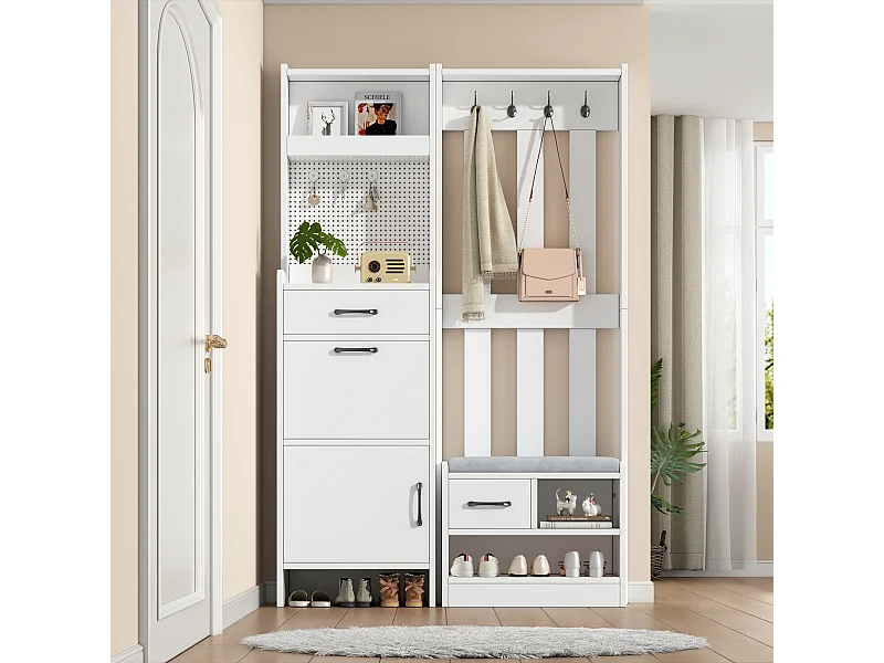 Vestiaire blanc avec 2 tiroirs, 2 portes, banc et crochets, panneau perforé 110x35x175,5cm