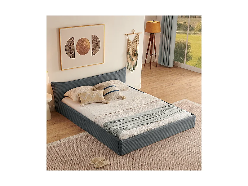 Letto matrimoniale in ciniglia grigio scuro per adulti 160x200cm, struttura in metallo, rete a doghe, senza materasso