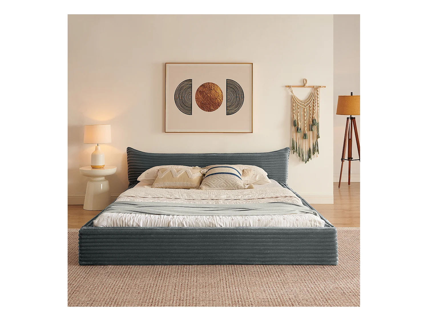 Lit double adulte en chenille gris foncé 160x200cm, structure métal, sommier à lattes,sans matelas