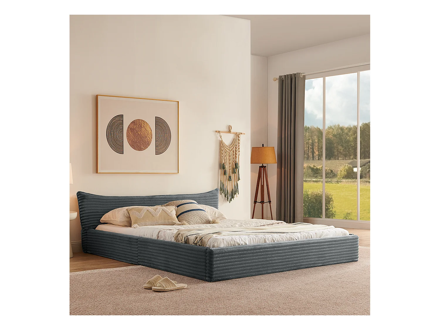 Lit double adulte en chenille gris foncé 160x200cm, structure métal, sommier à lattes,sans matelas