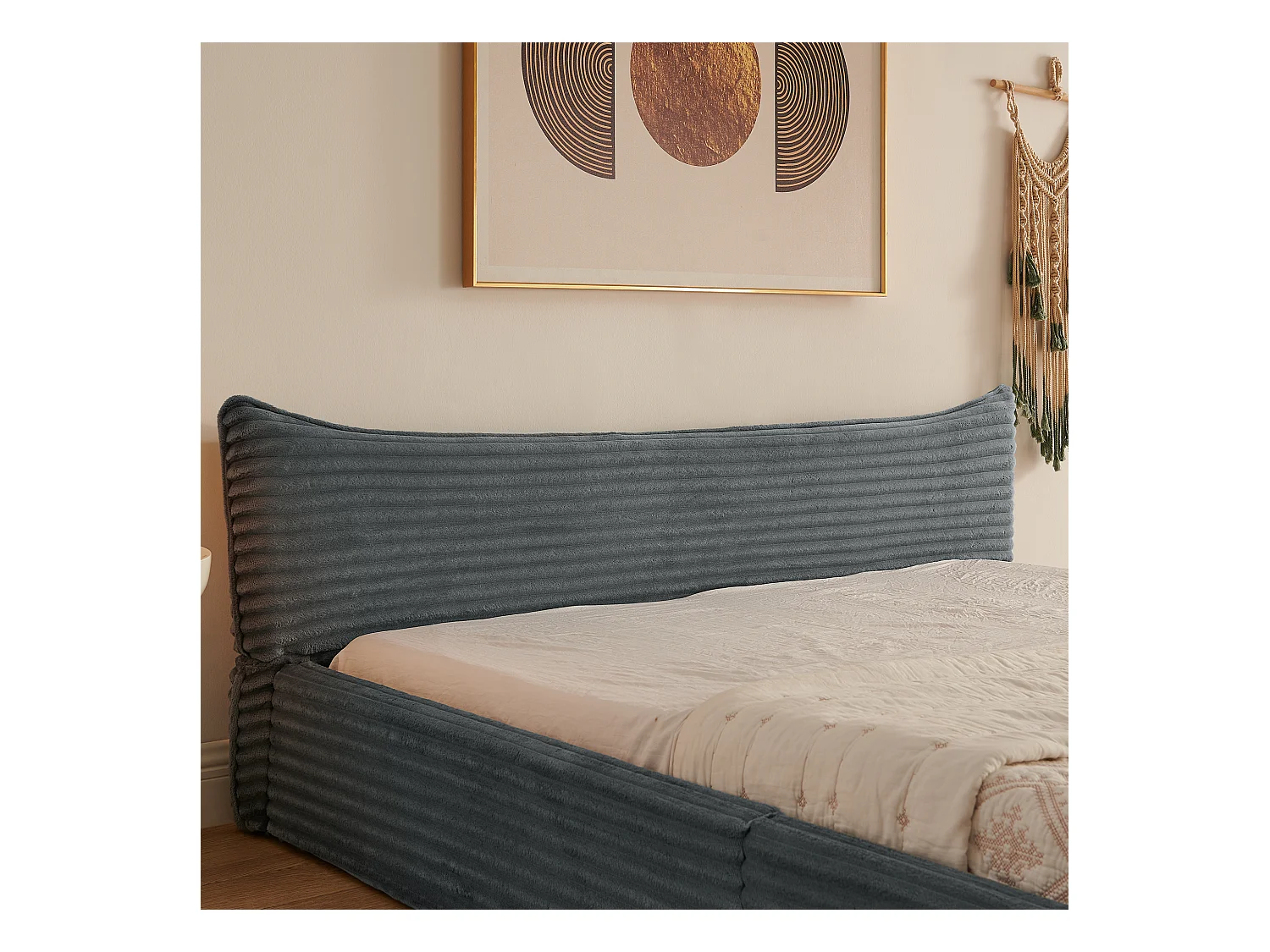 Lit double adulte en chenille gris foncé 160x200cm, structure métal, sommier à lattes,sans matelas