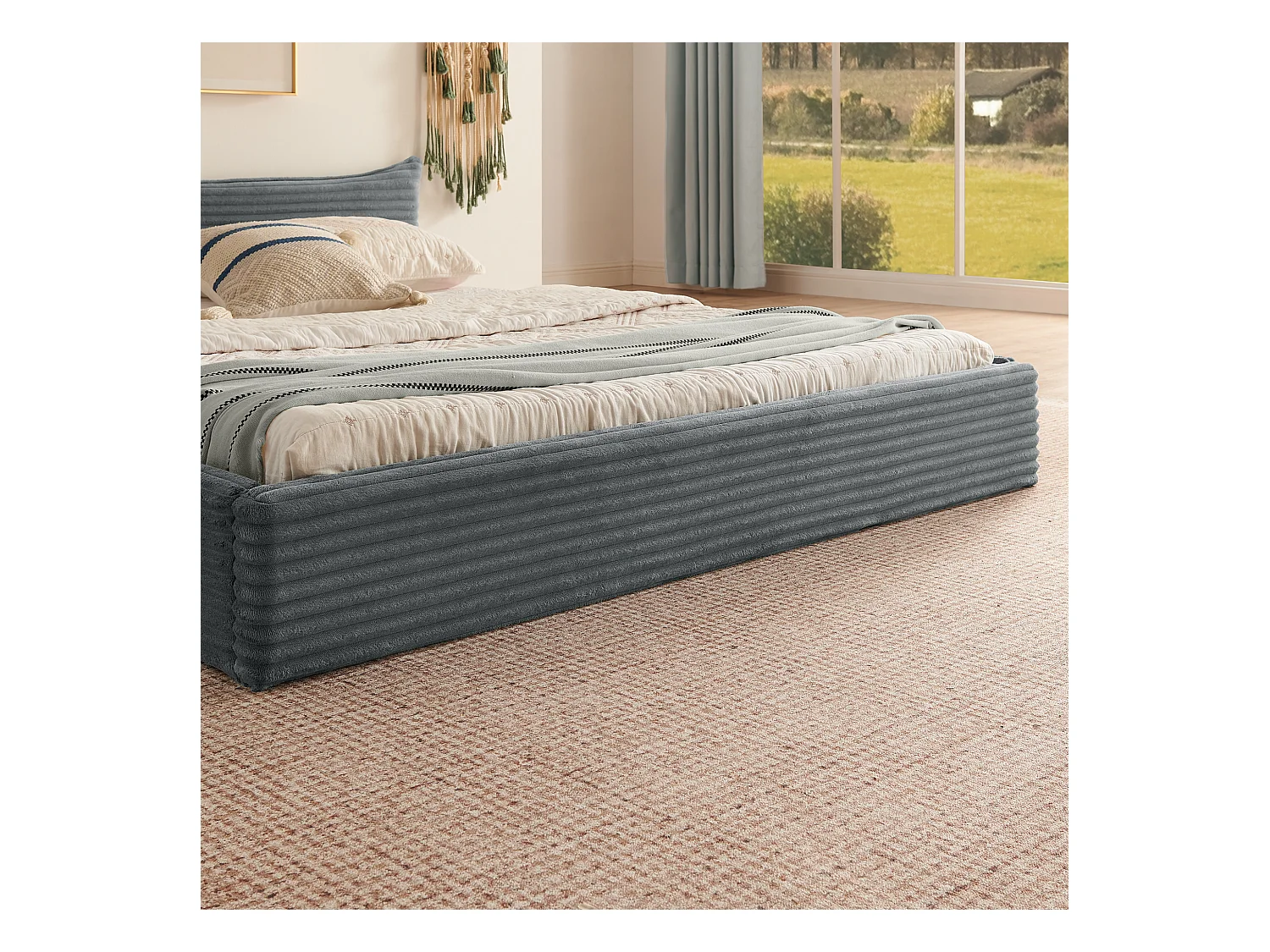 Lit double adulte en chenille gris foncé 160x200cm, structure métal, sommier à lattes,sans matelas