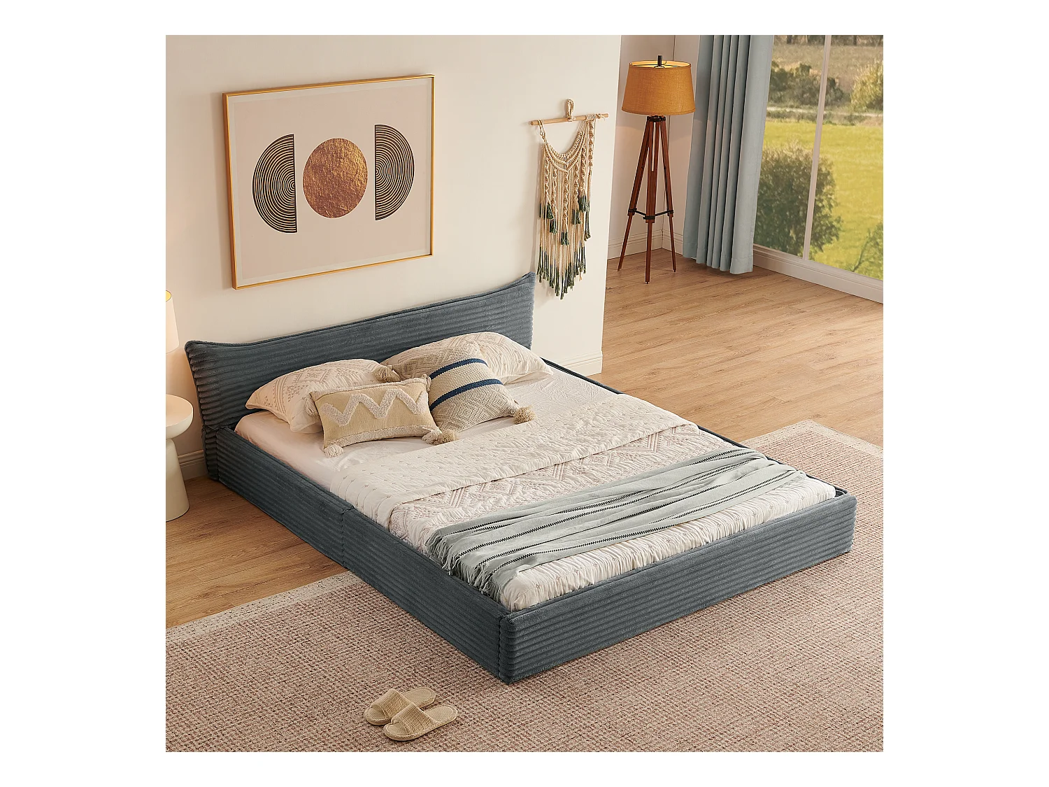 Letto matrimoniale in ciniglia grigio scuro per adulti 160x200cm, struttura in metallo, rete a doghe, senza materasso