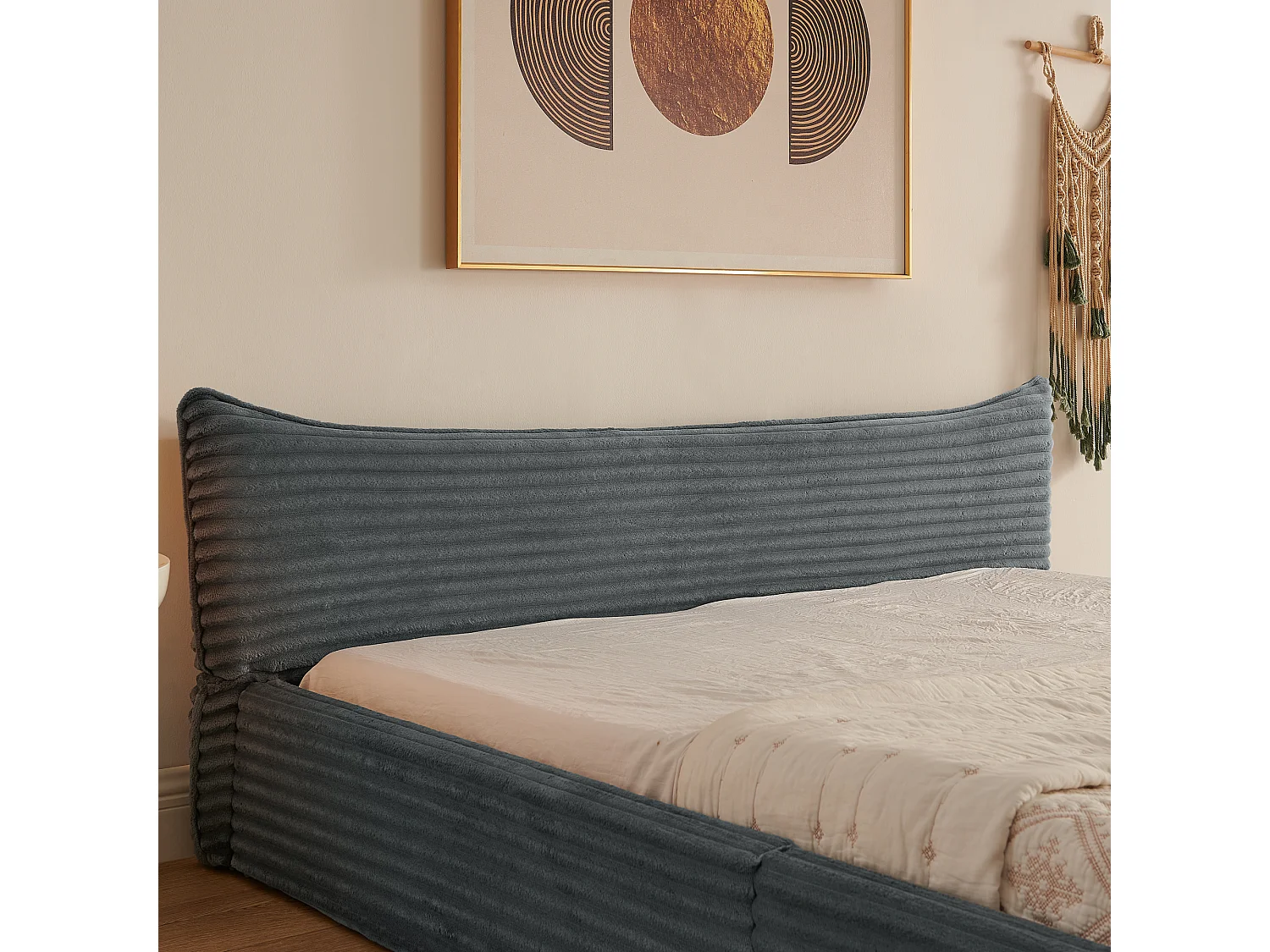 Lit double adulte en chenille gris foncé 160x200cm, structure métal, sommier à lattes,sans matelas