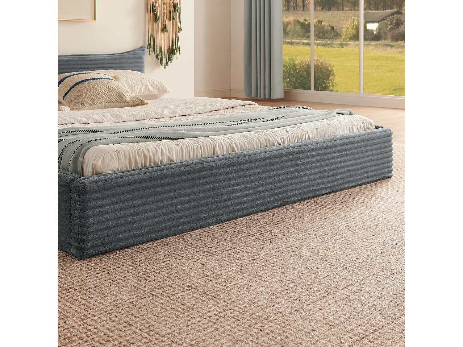 Lit double adulte en chenille gris foncé 160x200cm, structure métal, sommier à lattes,sans matelas