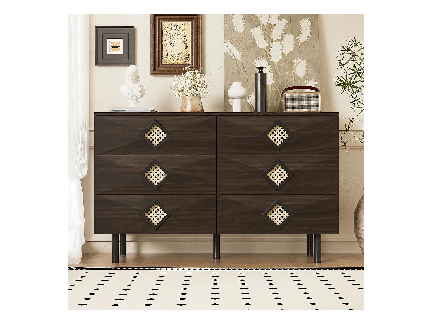 Commode basse en noyer avec 6 tiroirs, poignées en rotin en forme de losange 120x40x74,5cm