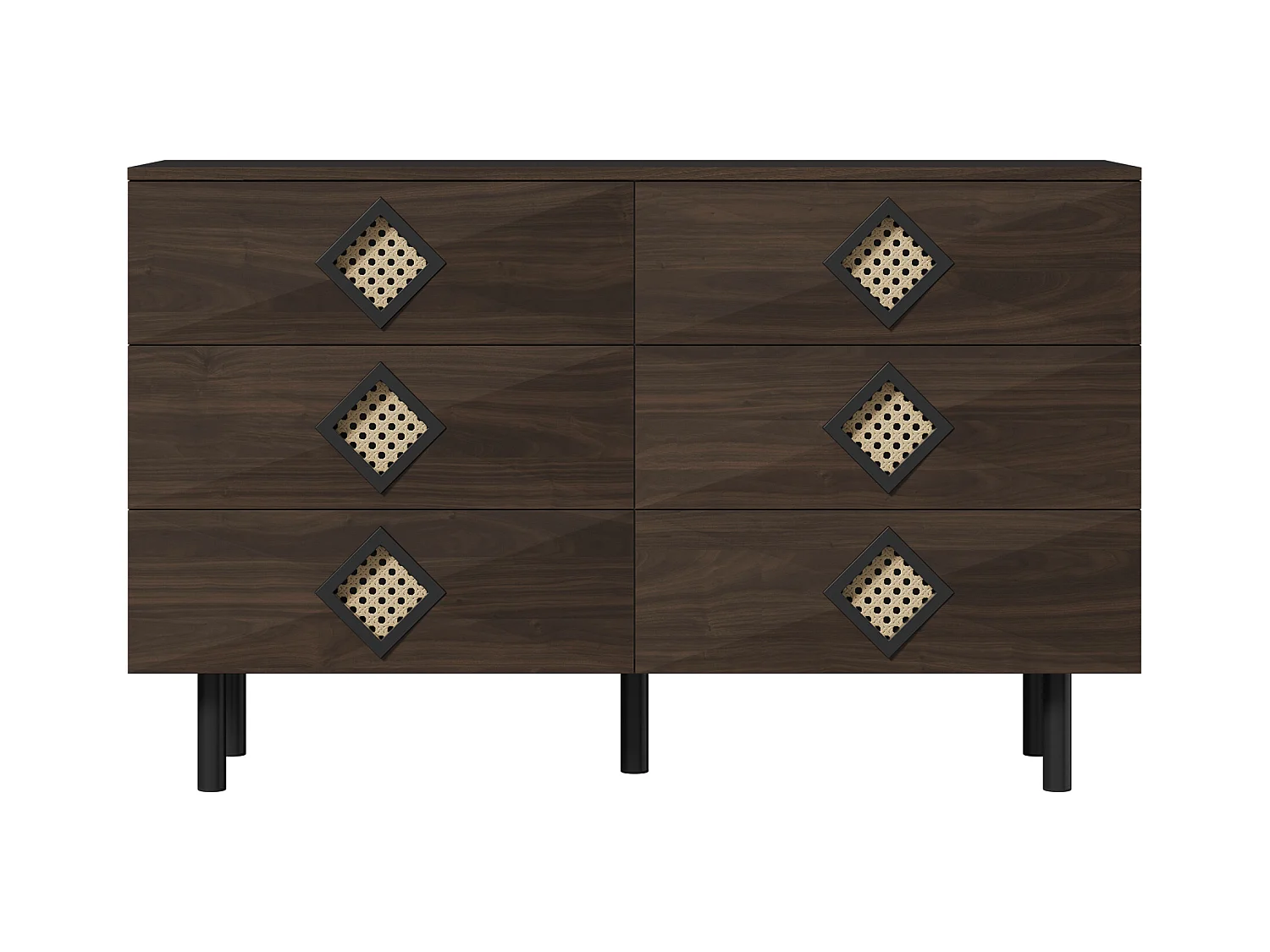 Commode basse en noyer avec 6 tiroirs, poignées en rotin en forme de losange 120x40x74,5cm