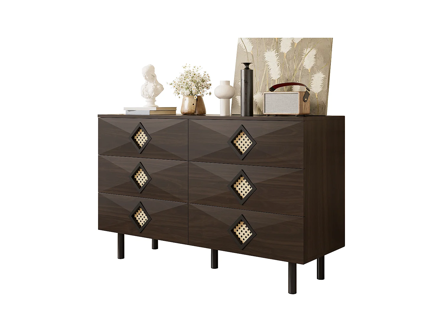 Commode basse en noyer avec 6 tiroirs, poignées en rotin en forme de losange 120x40x74,5cm