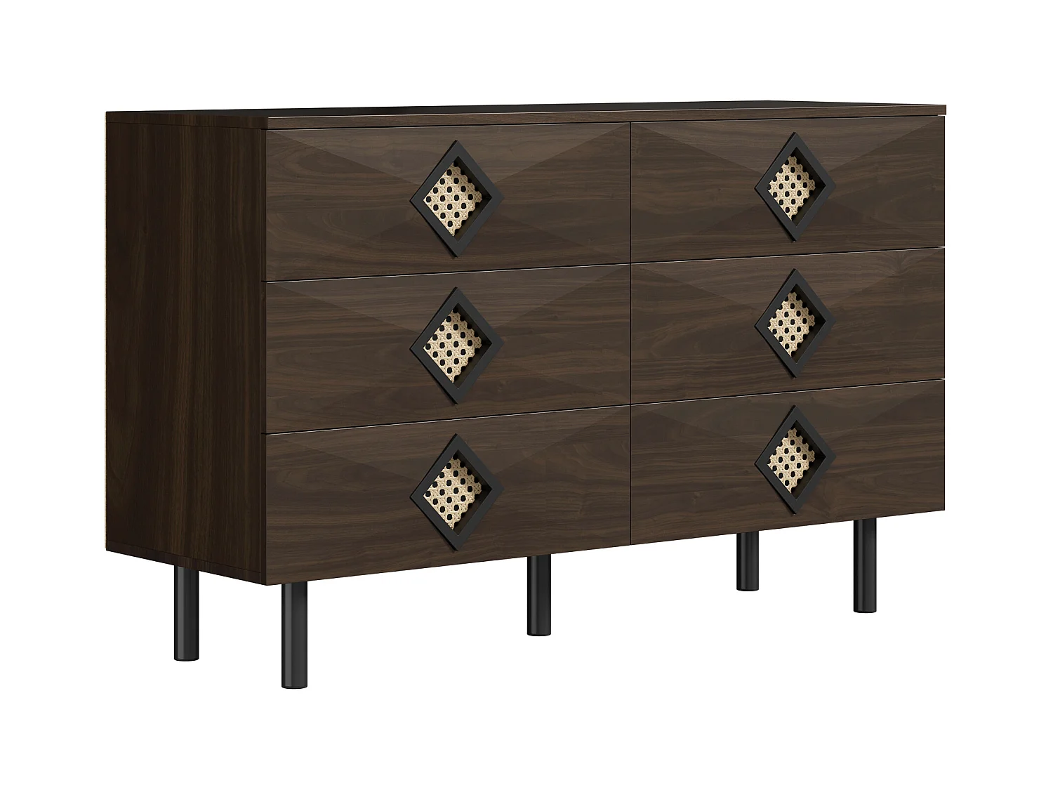 Commode basse en noyer avec 6 tiroirs, poignées en rotin en forme de losange 120x40x74,5cm