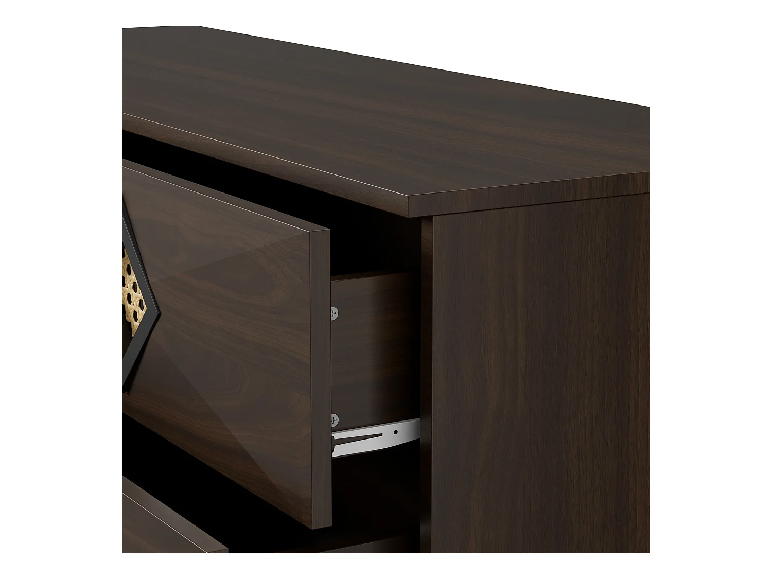 Commode basse en noyer avec 6 tiroirs, poignées en rotin en forme de losange 120x40x74,5cm