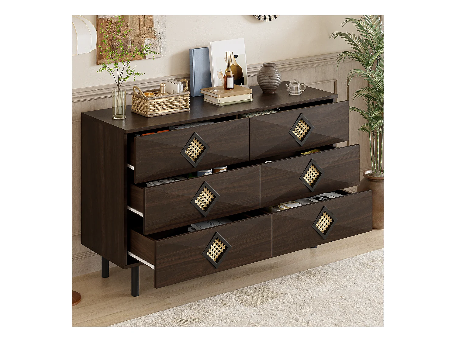 Commode basse en noyer avec 6 tiroirs, poignées en rotin en forme de losange 120x40x74,5cm