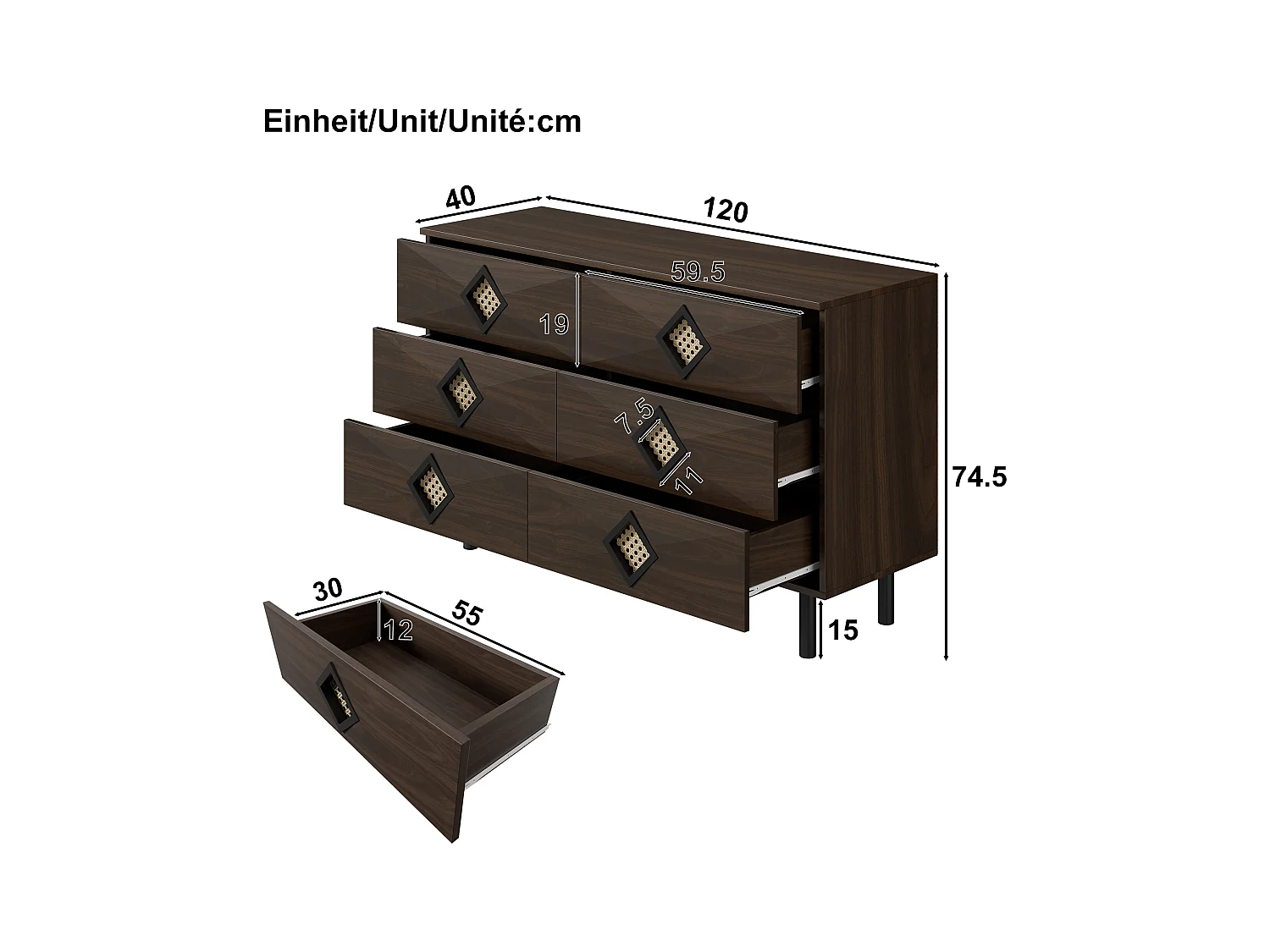 Commode basse en noyer avec 6 tiroirs, poignées en rotin en forme de losange 120x40x74,5cm