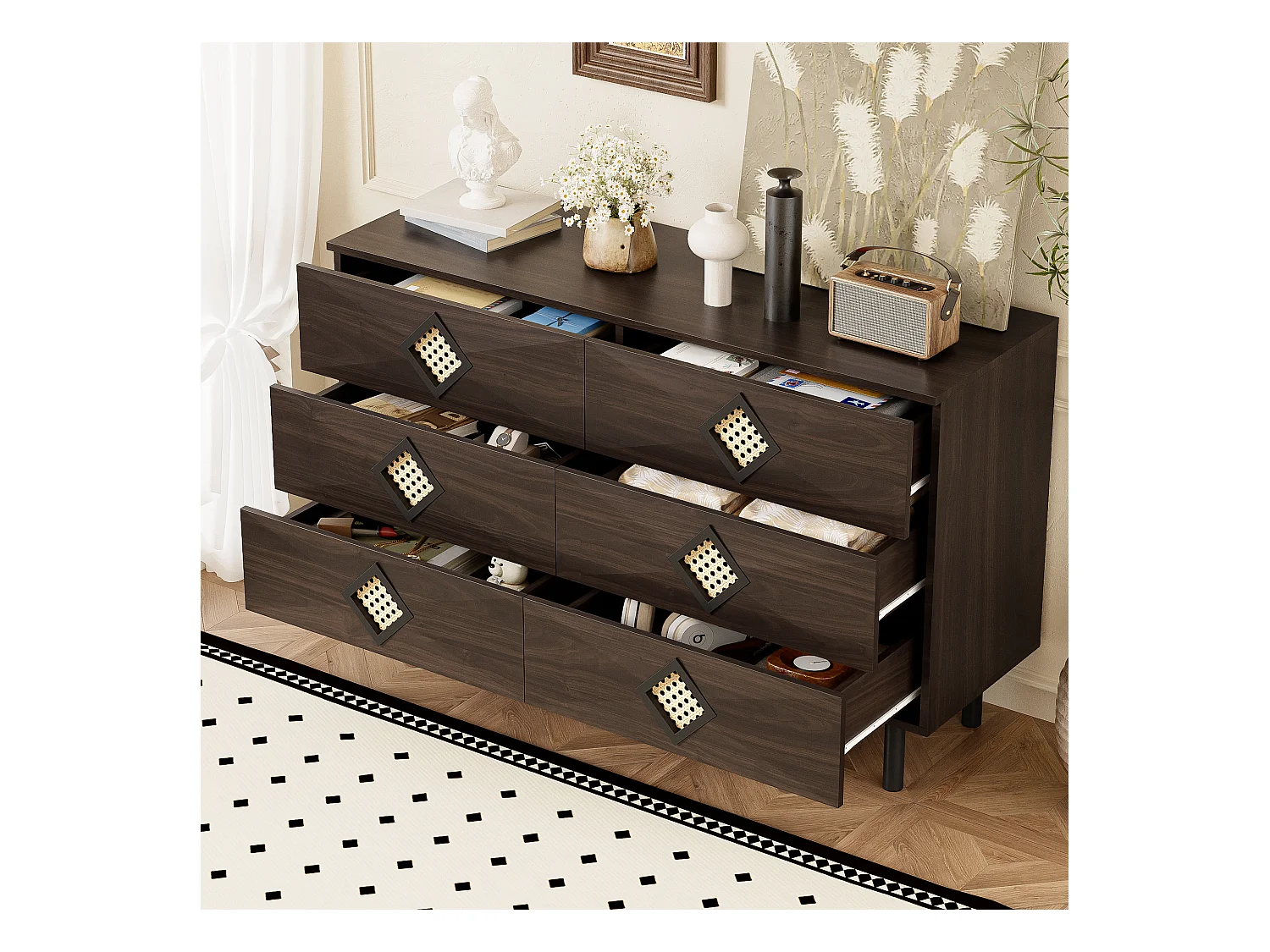 Commode basse en noyer avec 6 tiroirs, poignées en rotin en forme de losange 120x40x74,5cm