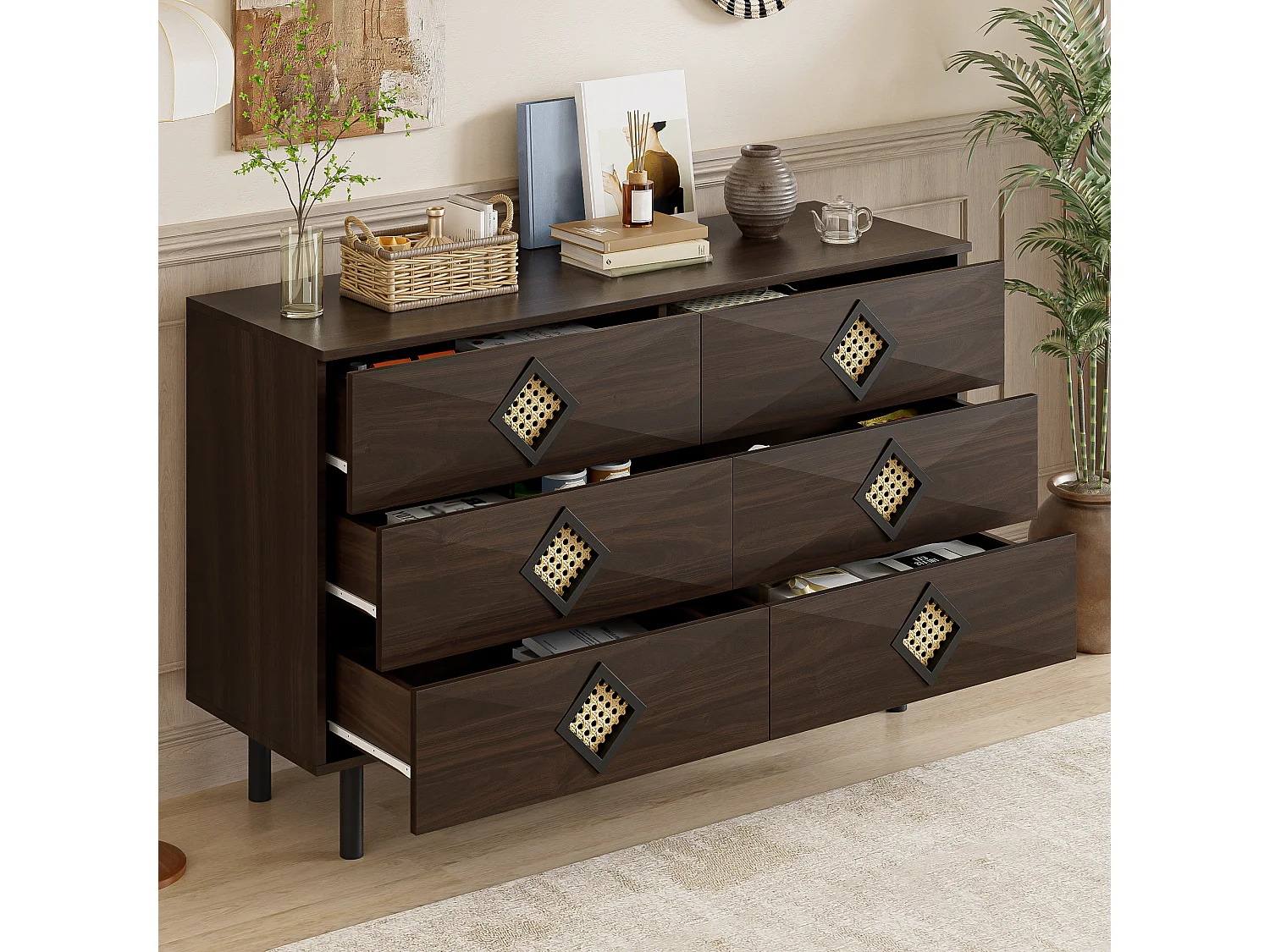 Cassettiera bassa in noce con 6 cassetti, maniglie in rattan a forma di diamante 120x40x74,5cm