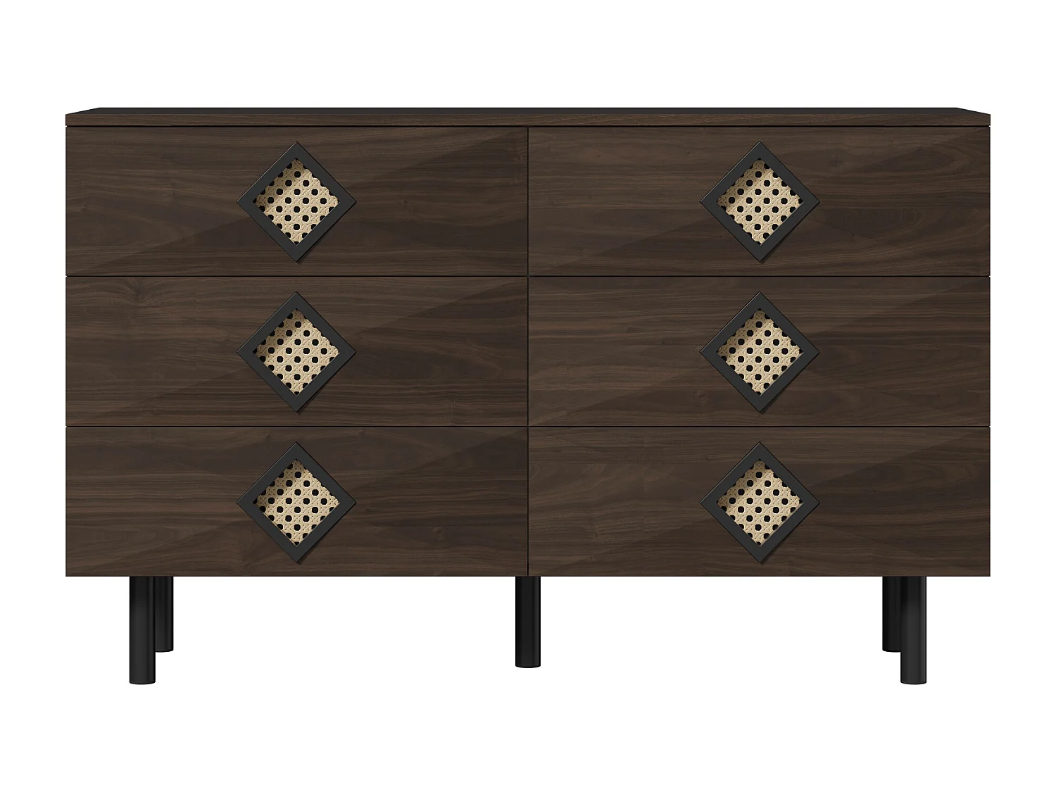 Cassettiera bassa in noce con 6 cassetti, maniglie in rattan a forma di diamante 120x40x74,5cm