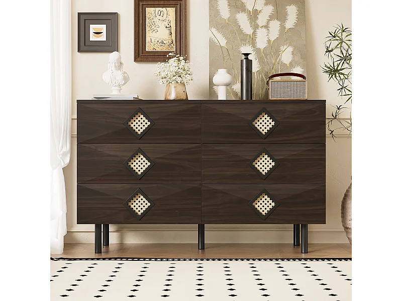 Cassettiera bassa in noce con 6 cassetti, maniglie in rattan a forma di diamante 120x40x74,5cm
