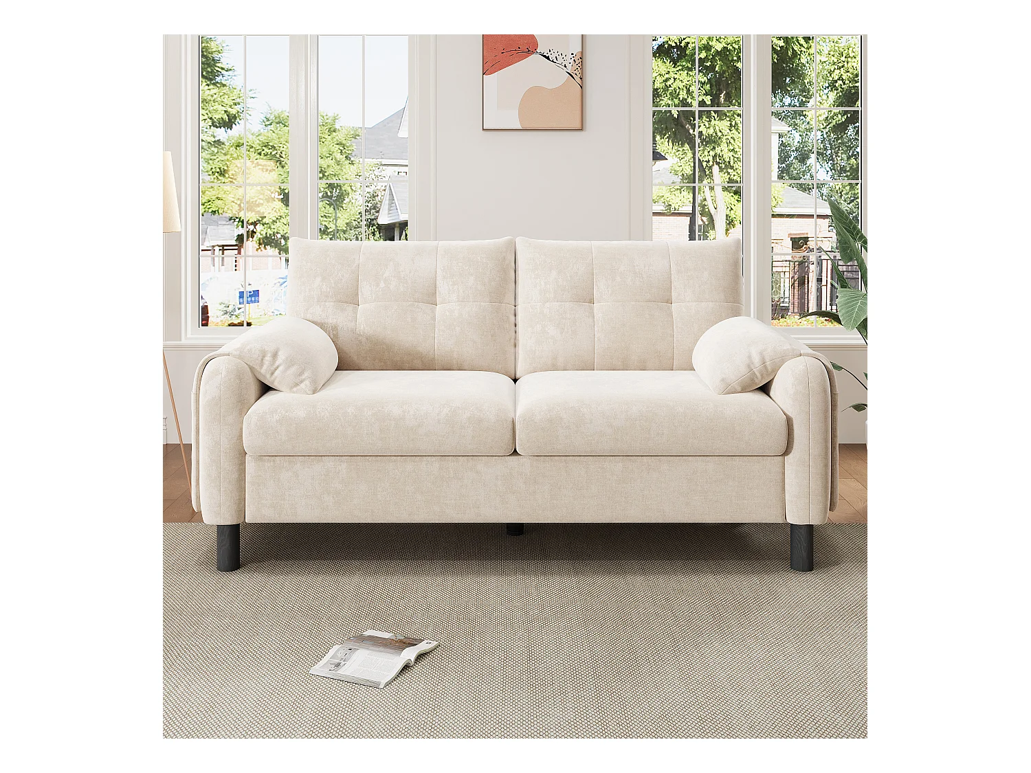 Canapé droit 2 places beige avec coussins et poches latérales, tissu chenille 158x80x88,5cm