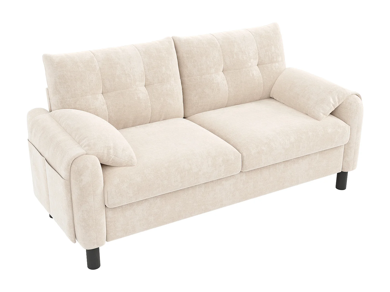 Canapé droit 2 places beige avec coussins et poches latérales, tissu chenille 158x80x88,5cm