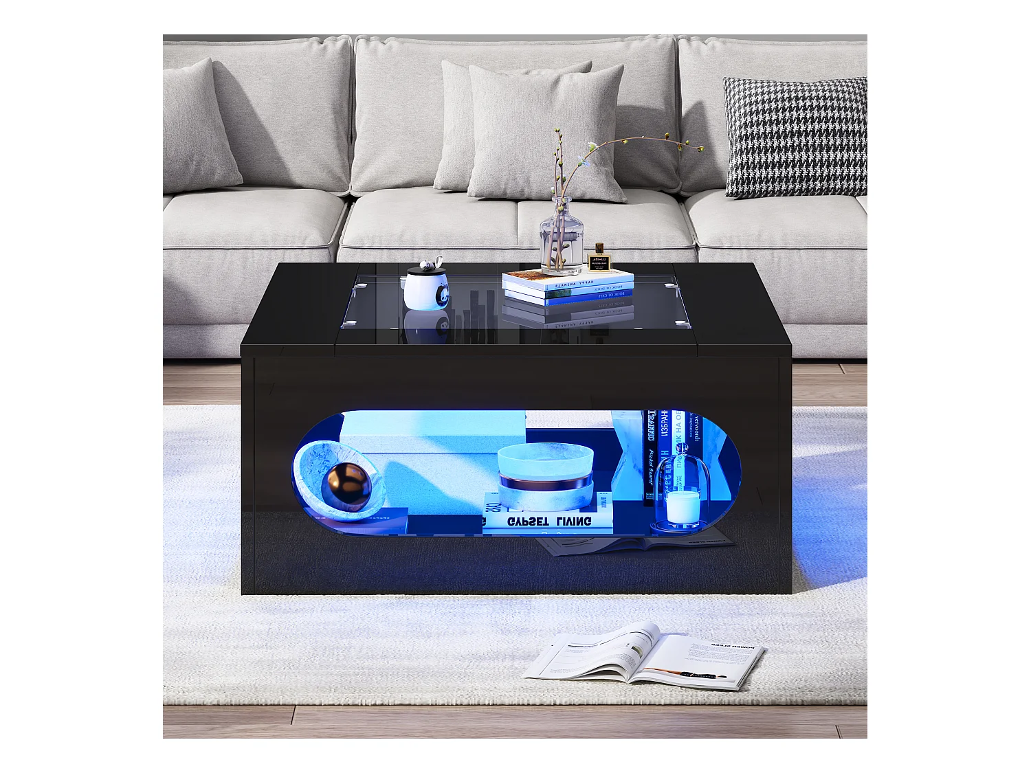 Table basse carrée noire avec éclairage LED, plateau en verre 70x70x35cm