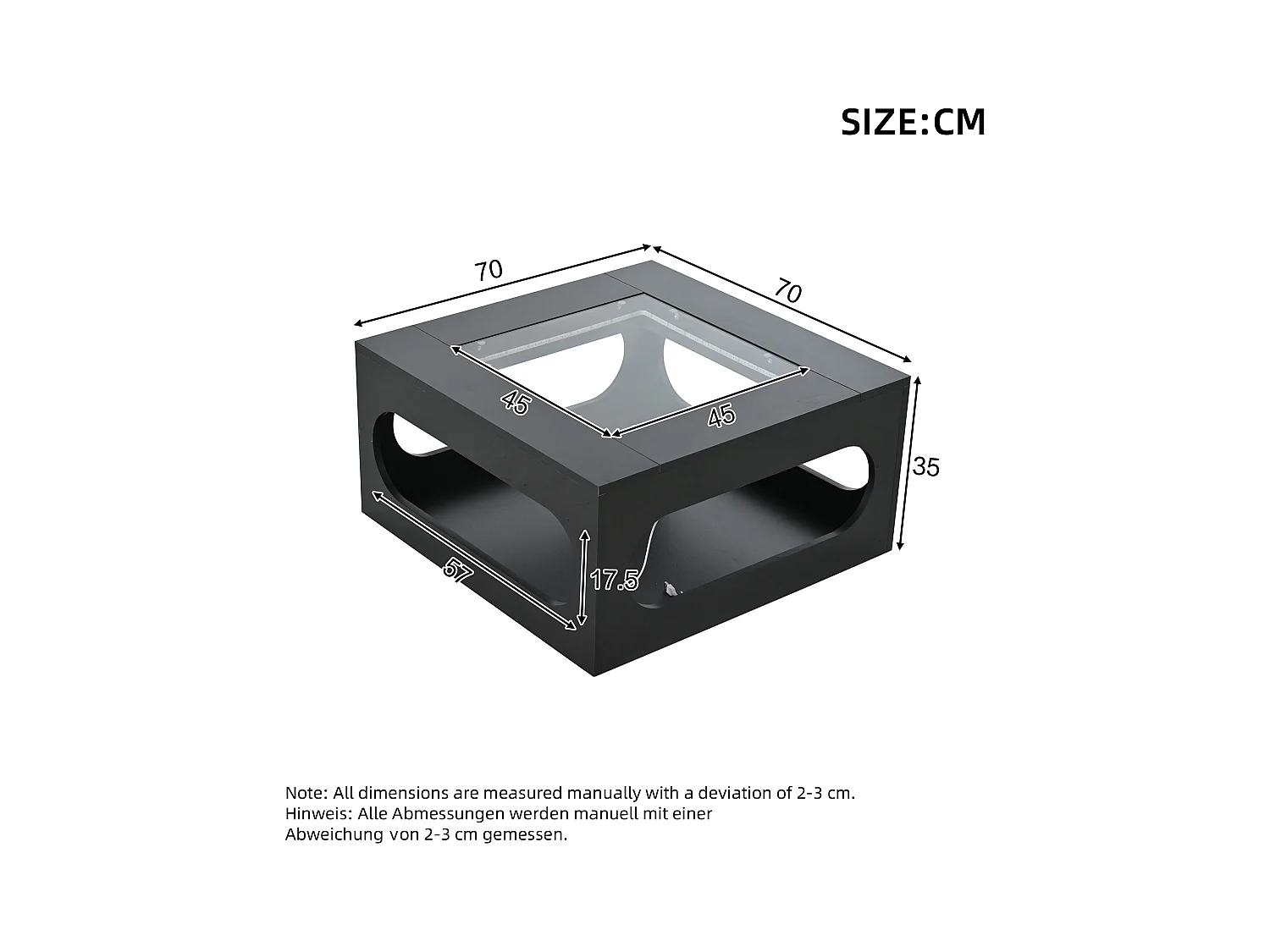 Table basse carrée noire avec éclairage LED, plateau en verre 70x70x35cm