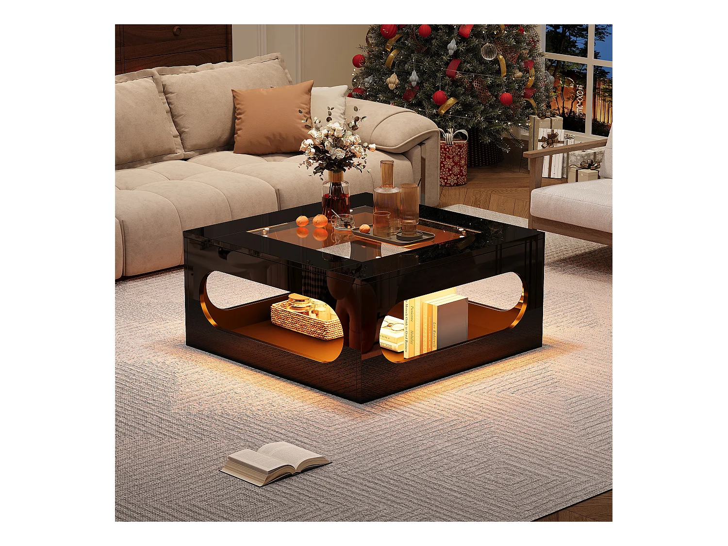 Table basse carrée noire avec éclairage LED, plateau en verre 70x70x35cm
