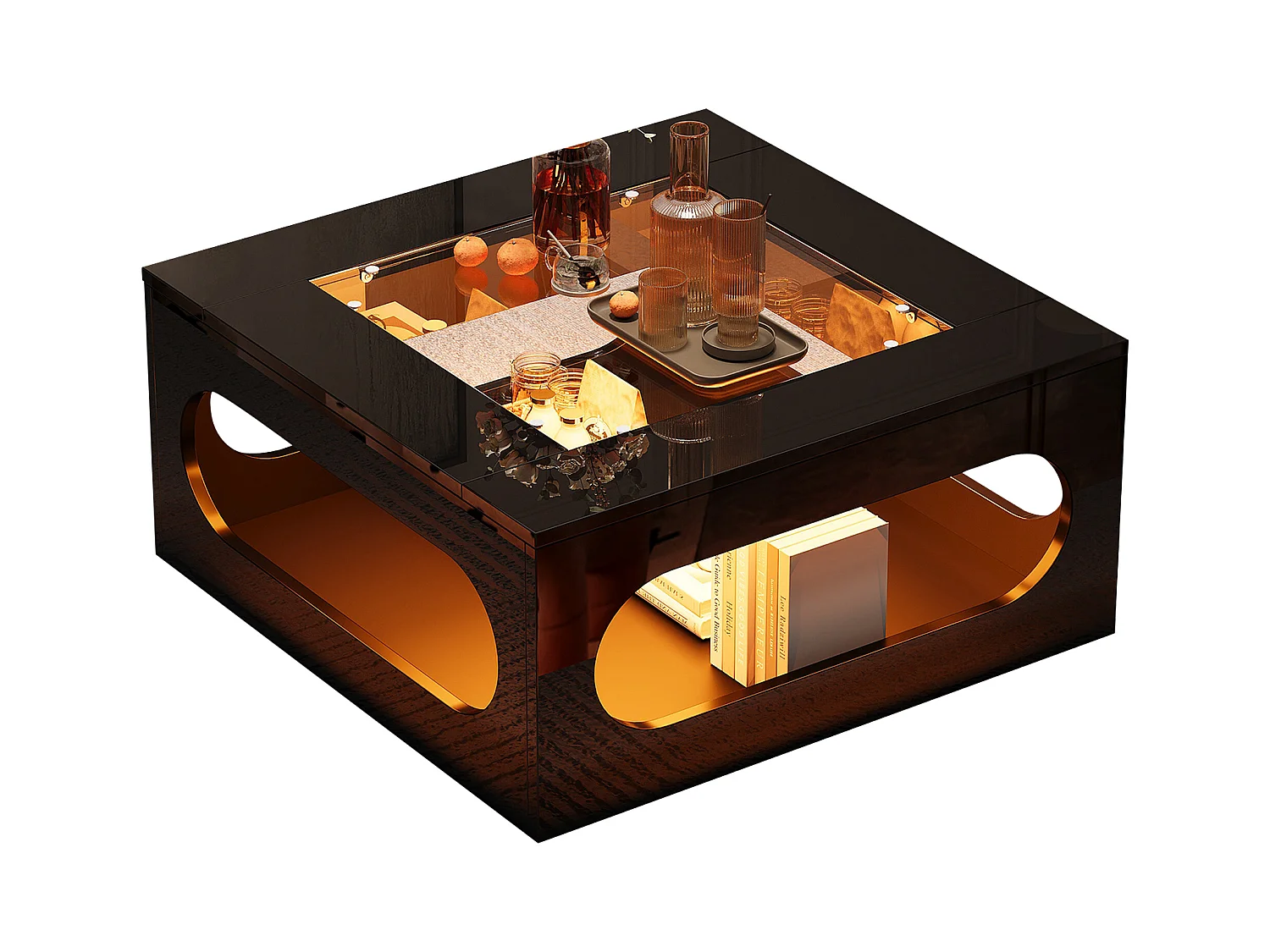 Table basse carrée noire avec éclairage LED, plateau en verre 70x70x35cm