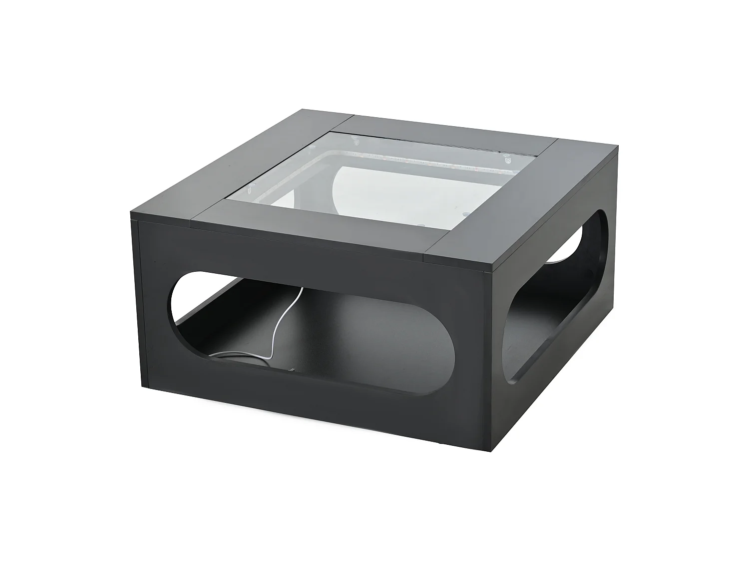 Table basse carrée noire avec éclairage LED, plateau en verre 70x70x35cm
