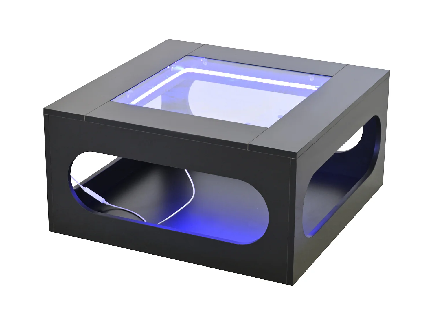 Table basse carrée noire avec éclairage LED, plateau en verre 70x70x35cm