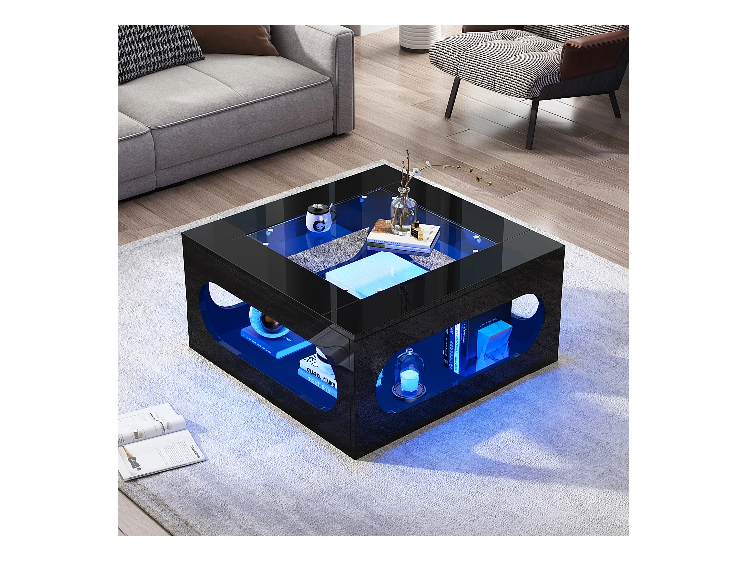 Tavolino quadrato nero con illuminazione a LED, piano in vetro 70x70x35cm
