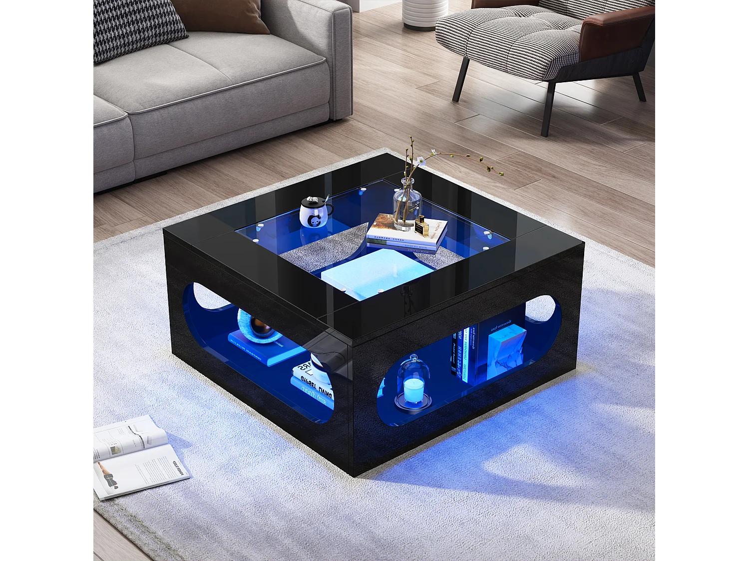 Zwarte vierkante salontafel met LED-verlichting, glazen blad 70x70x35cm