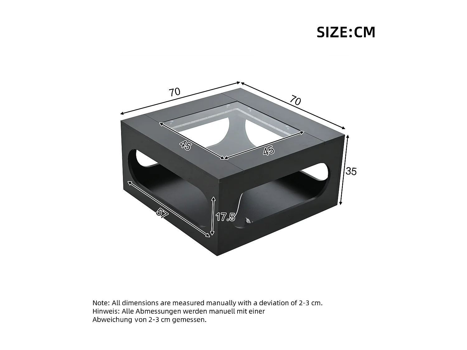Zwarte vierkante salontafel met LED-verlichting, glazen blad 70x70x35cm