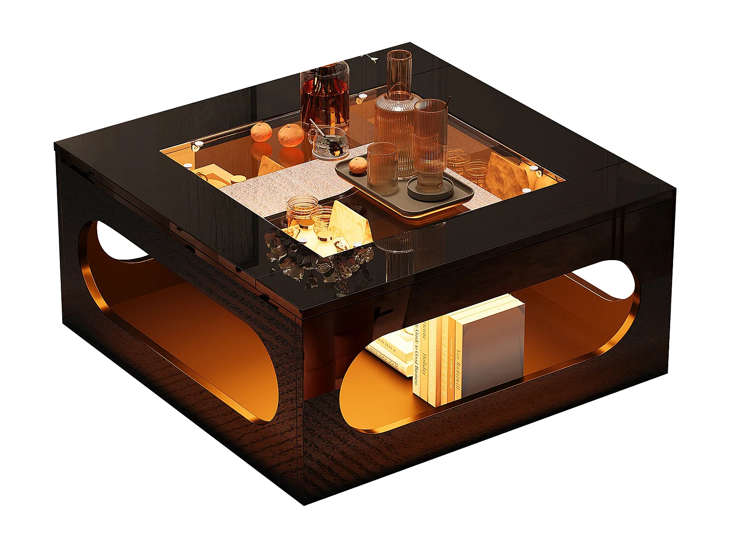 Zwarte vierkante salontafel met LED-verlichting, glazen blad 70x70x35cm