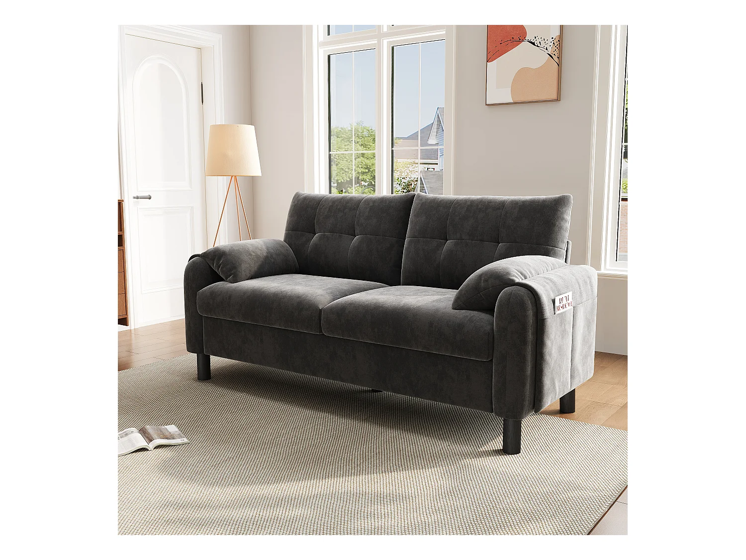 Canapé droit 2 places gris avec coussins et poches latérales, tissu chenille 158x80x88,5cm