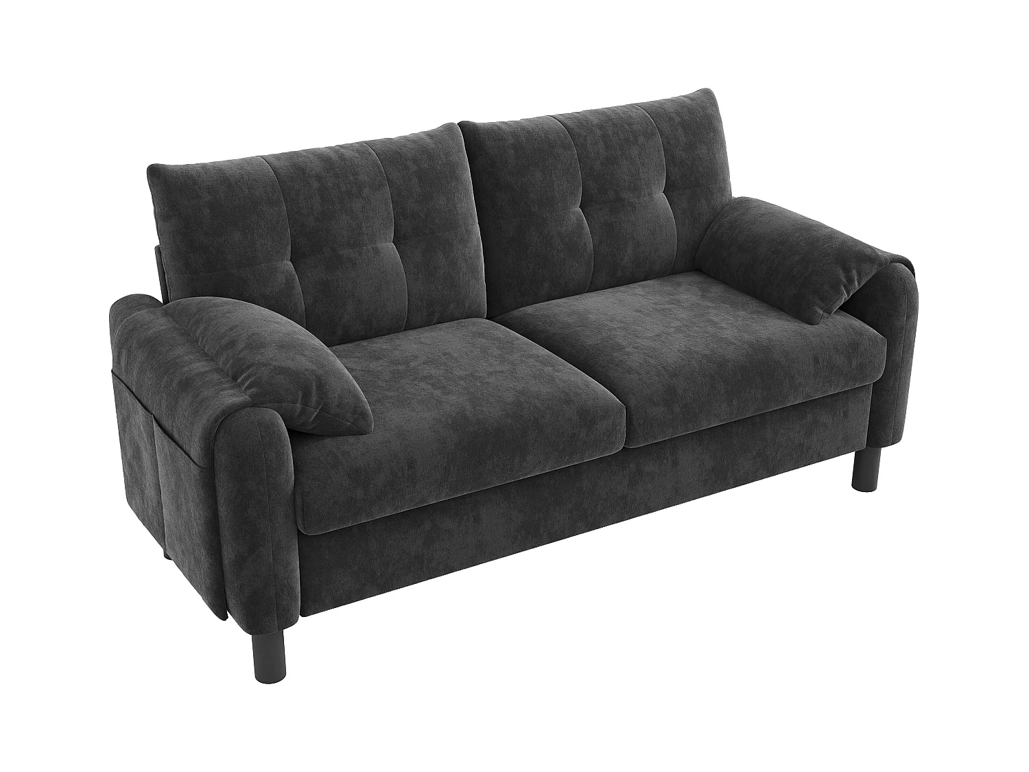 Canapé droit 2 places gris avec coussins et poches latérales, tissu chenille 158x80x88,5cm