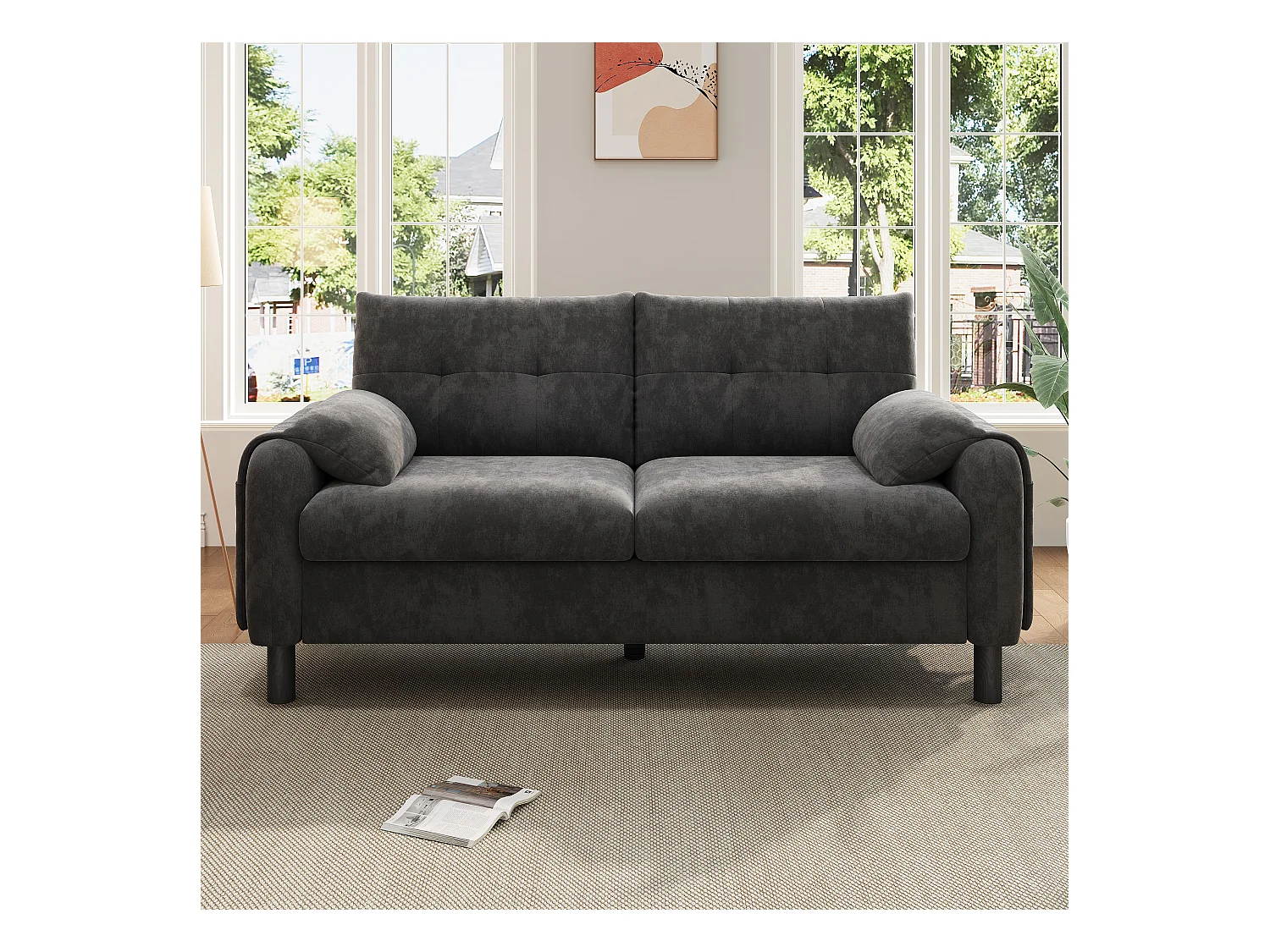 Canapé droit 2 places gris avec coussins et poches latérales, tissu chenille 158x80x88,5cm