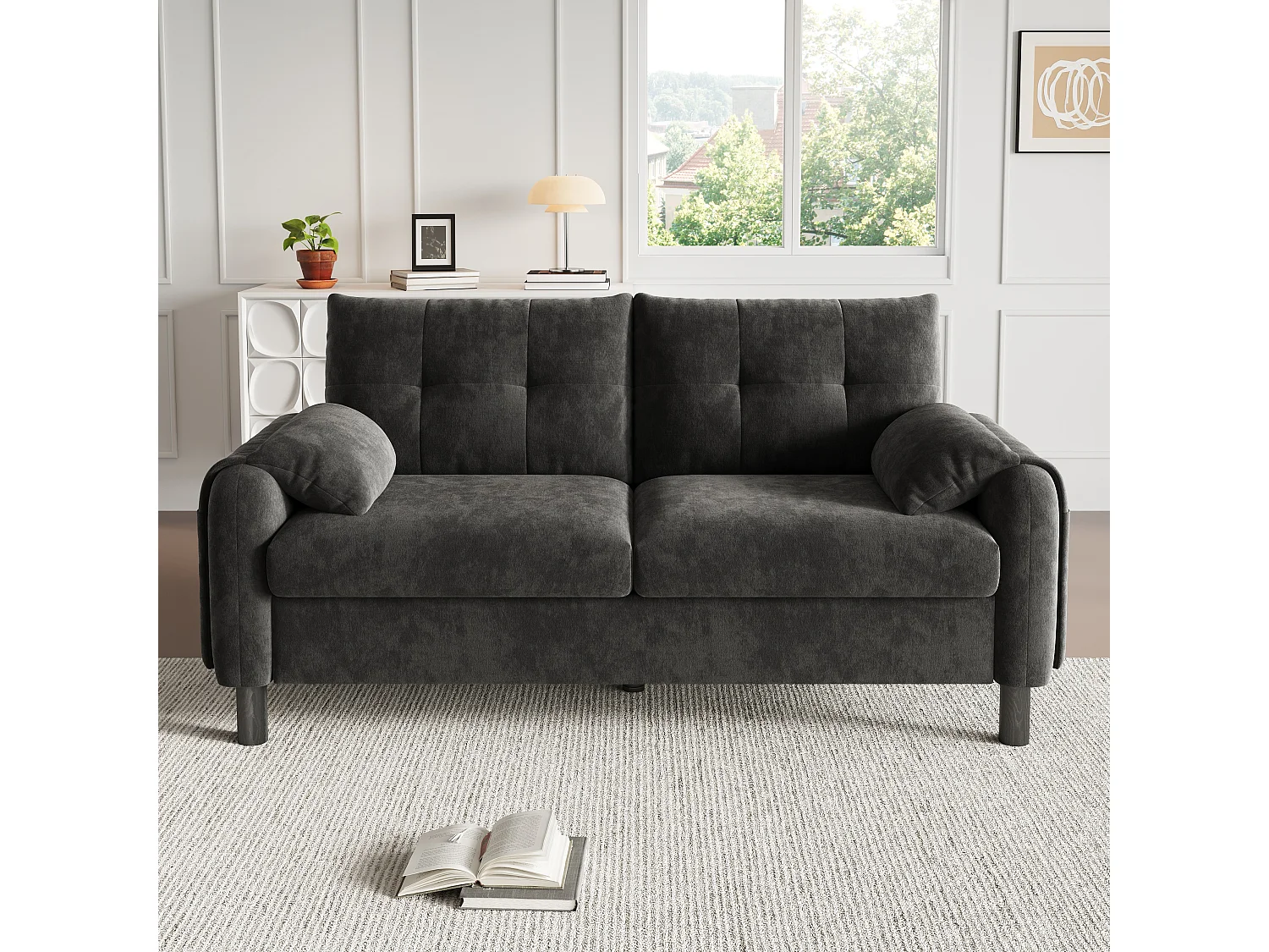 Grijze 2-zits rechte bank met kussens en zijzakken, chenille stof 158x80x88,5cm