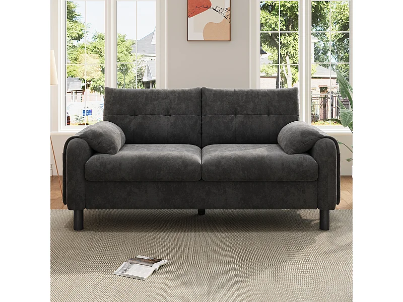 Grijze 2-zits rechte bank met kussens en zijzakken, chenille stof 158x80x88,5cm