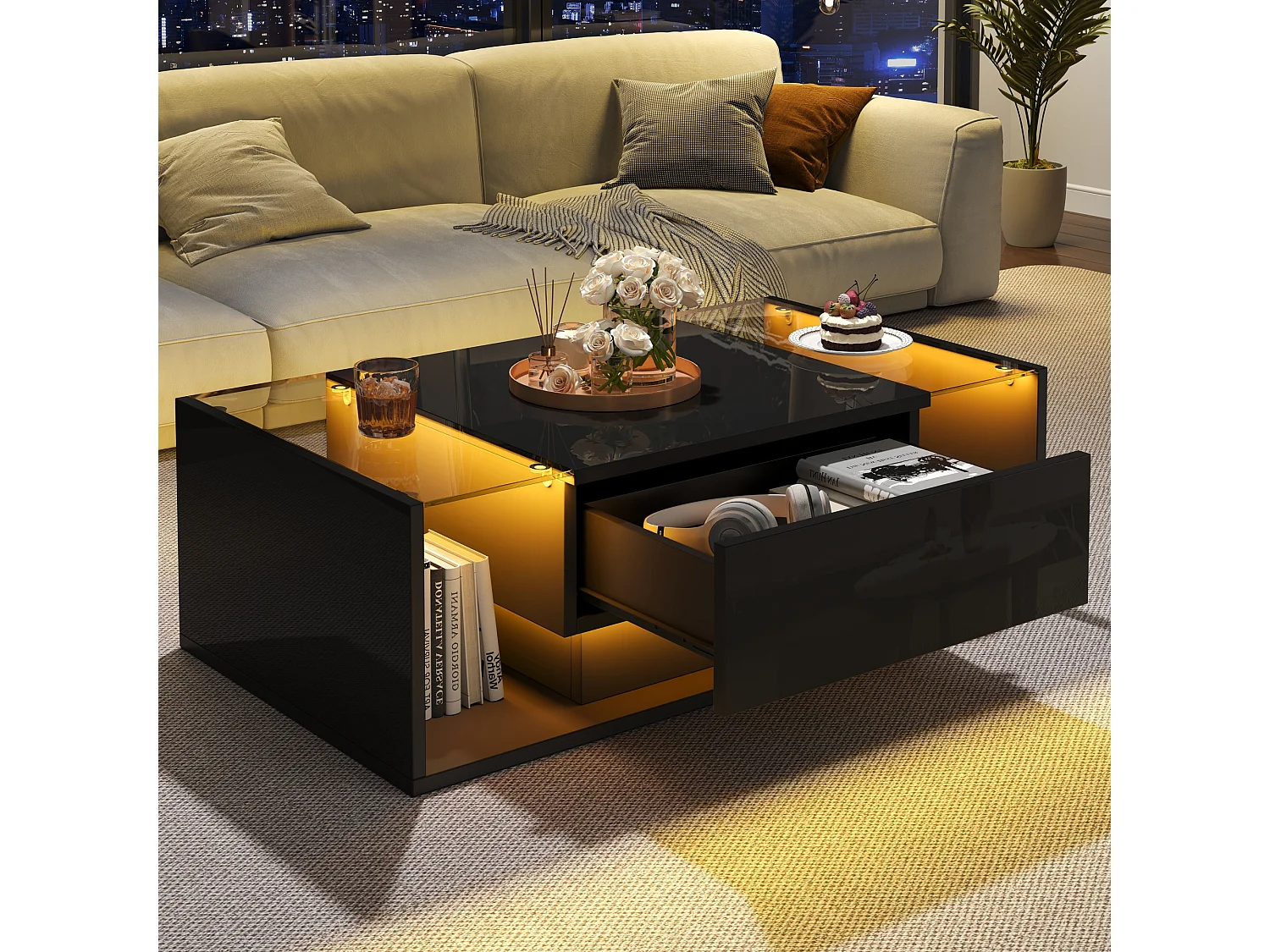 Table basse noire avec tiroir et éclairage LED, table d'appoint en verre trempé 100x50x31cm