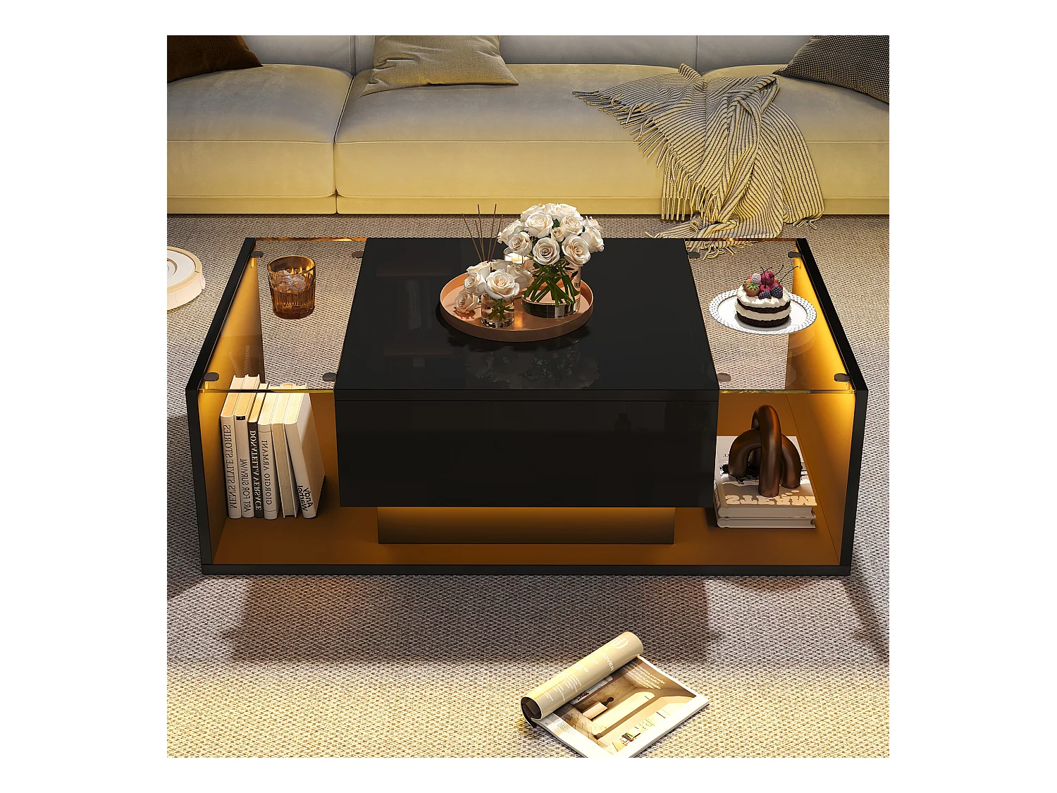 Table basse noire avec tiroir et éclairage LED, table d'appoint en verre trempé 100x50x31cm