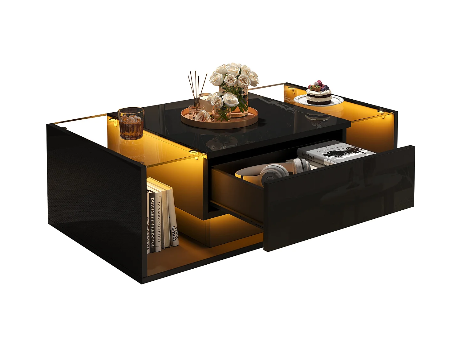 Table basse noire avec tiroir et éclairage LED, table d'appoint en verre trempé 100x50x31cm