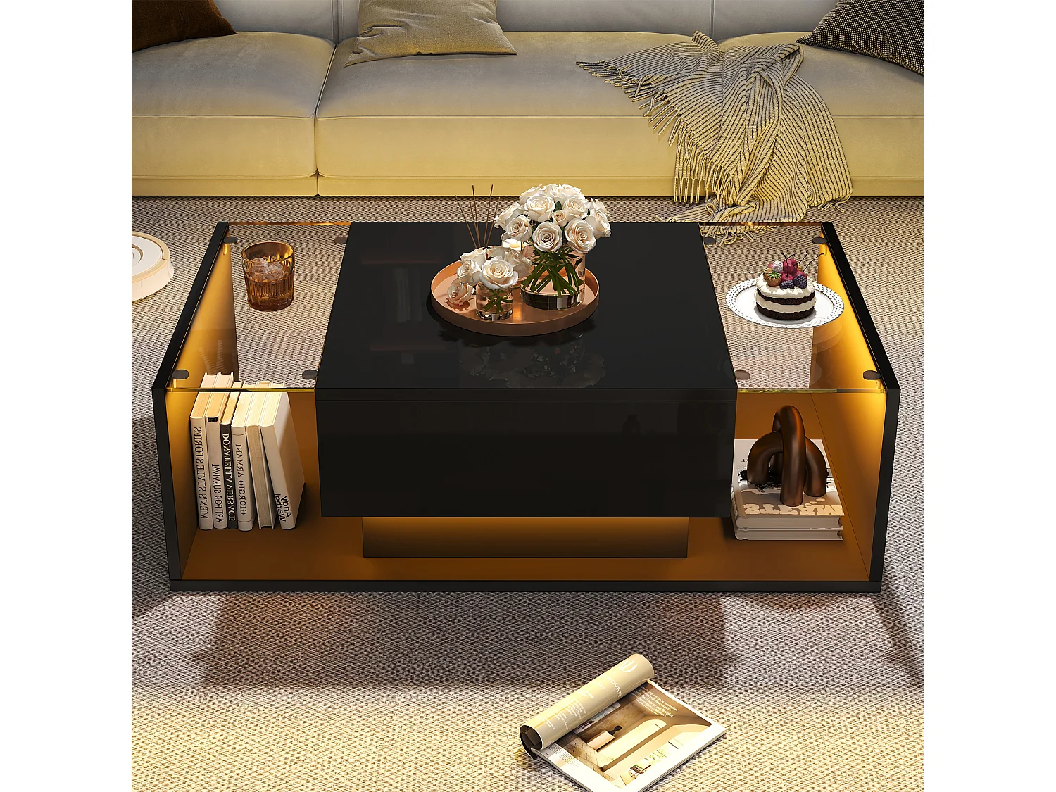 Table basse noire avec tiroir et éclairage LED, table d'appoint en verre trempé 100x50x31cm