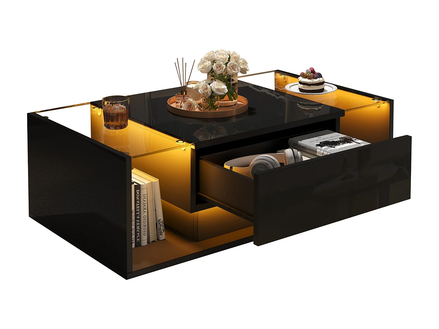 Table basse noire avec tiroir et éclairage LED, table d'appoint en verre trempé 100x50x31cm