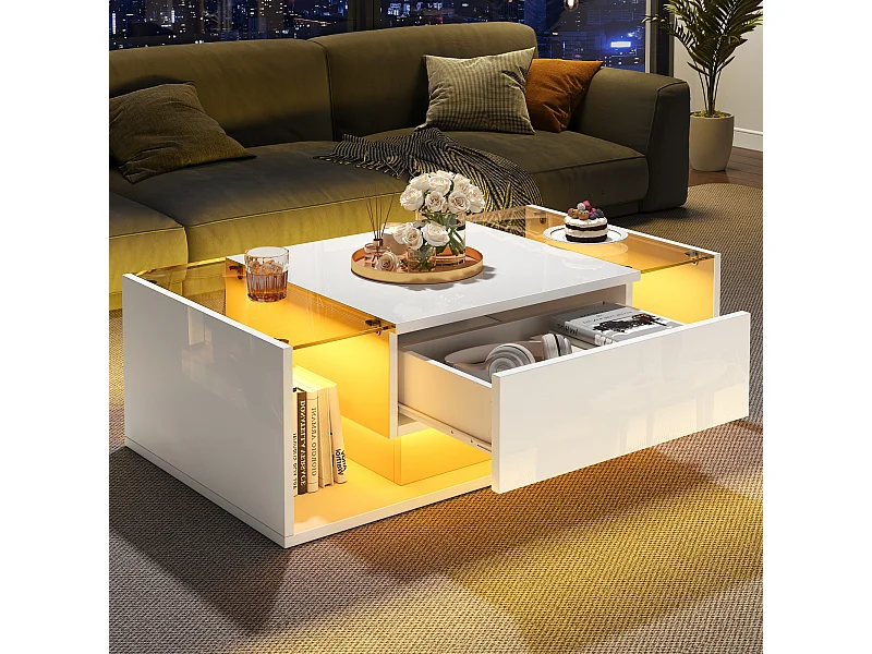 Table basse blanche avec tiroir et éclairage LED, table d'appoint en verre trempé 100x50x31cm
