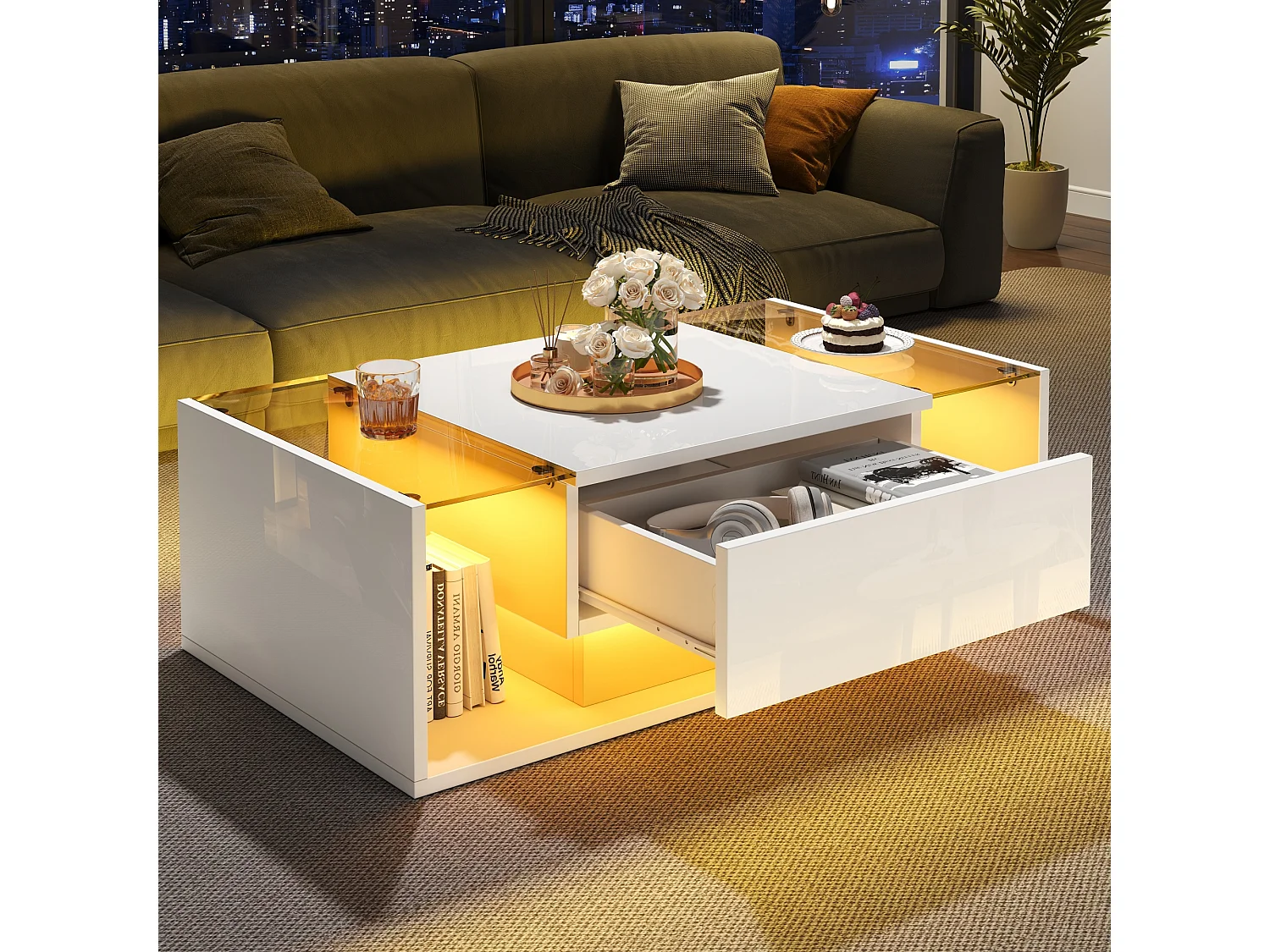 Table basse blanche avec tiroir et éclairage LED, table d'appoint en verre trempé 100x50x31cm