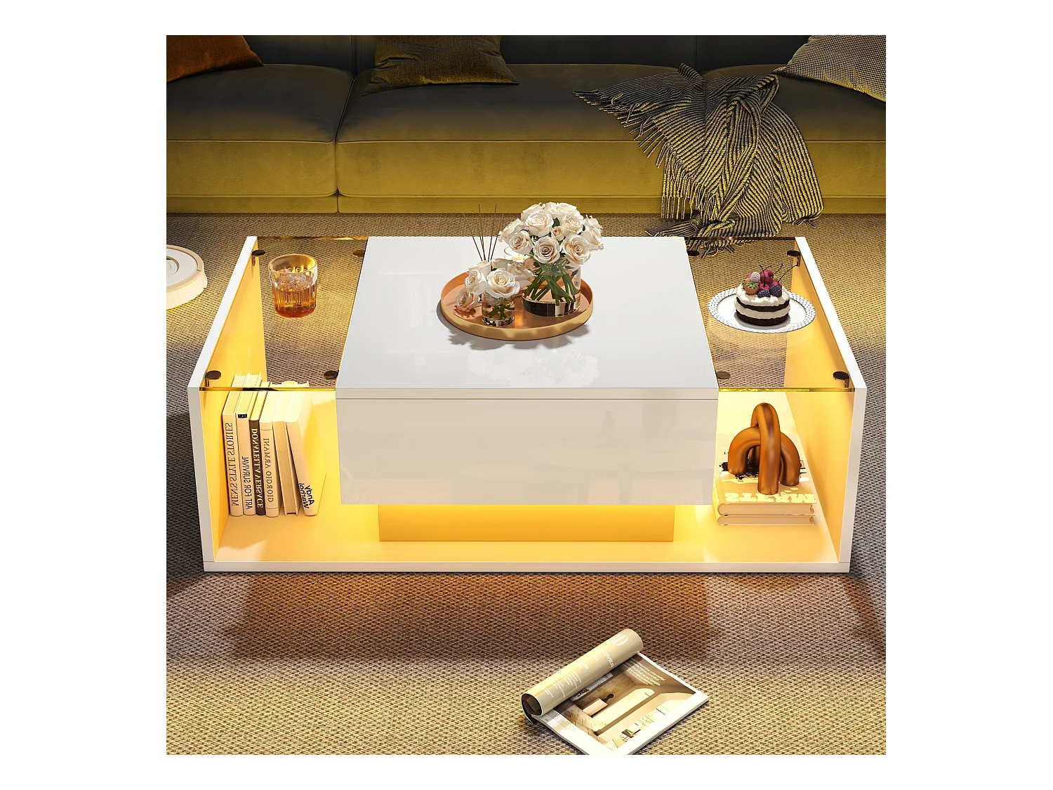 Table basse blanche avec tiroir et éclairage LED, table d'appoint en verre trempé 100x50x31cm