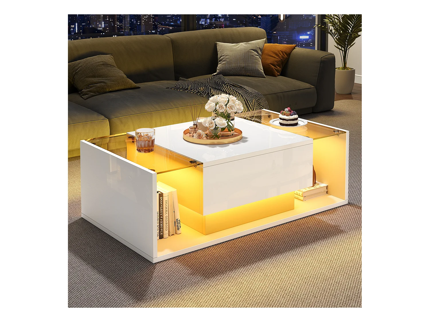 Table basse blanche avec tiroir et éclairage LED, table d'appoint en verre trempé 100x50x31cm