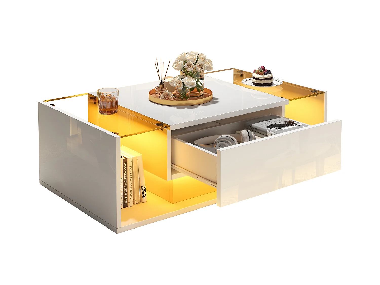 Table basse blanche avec tiroir et éclairage LED, table d'appoint en verre trempé 100x50x31cm