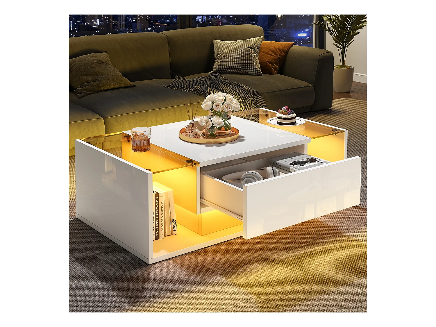 Tavolino bianco con cassetto e illuminazione a LED, tavolino laterale in vetro temperato 100x50x31cm