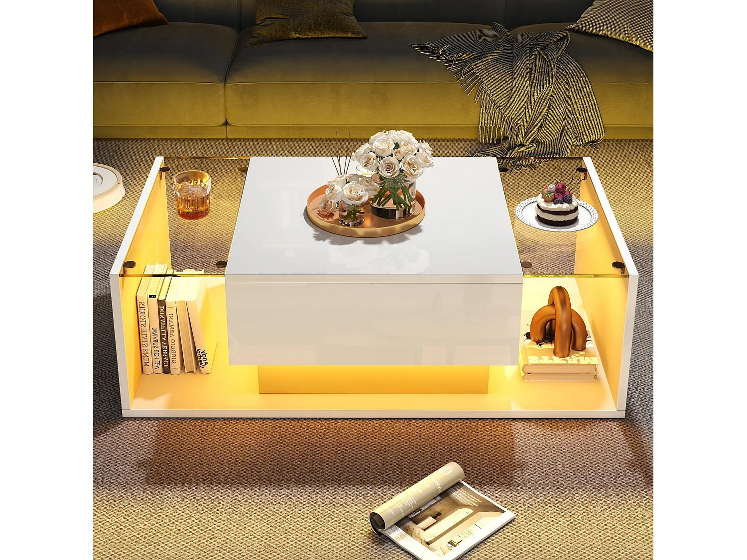 Table basse blanche avec tiroir et éclairage LED, table d'appoint en verre trempé 100x50x31cm